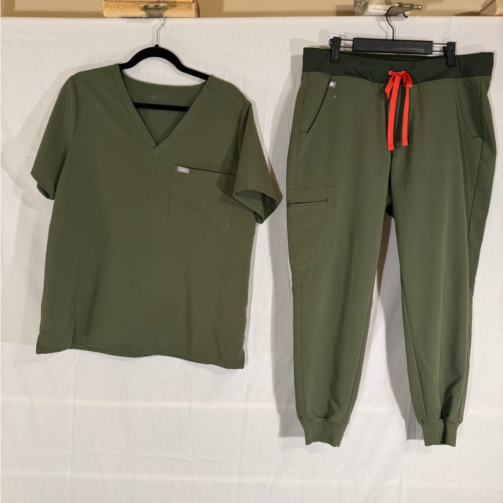 Figs Olive Green Scrub Top and Jogger Set with Red Drawstring